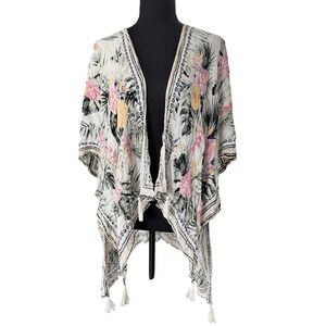 Nine West Floral Kimono Women Cream Boho Tropical Festival Beach Vacation Summer
